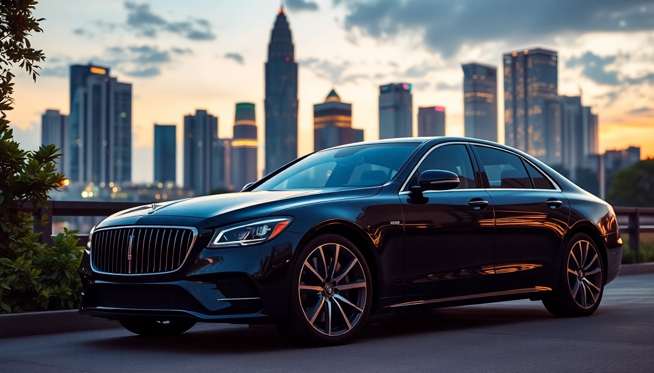 Luxury hire car with driver Kuala Lumpur showcasing a sleek black vehicle against the vibrant city skyline.