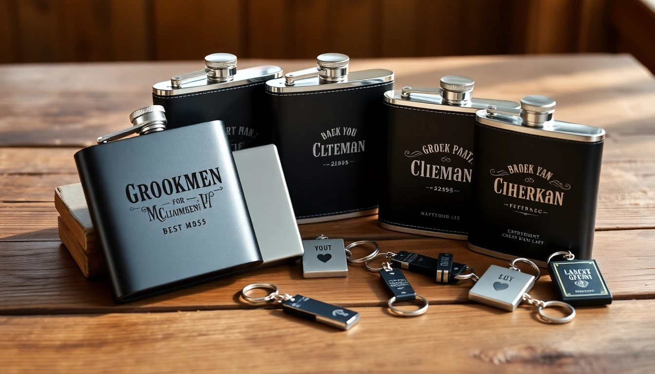 Showcase of cheap groomsmen gifts including personalized flasks, ideal for memorable celebrations.