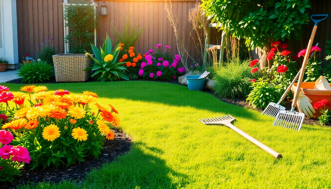 Demonstrating a spring clean up in a vibrant garden with organized tools and freshly trimmed lawn.