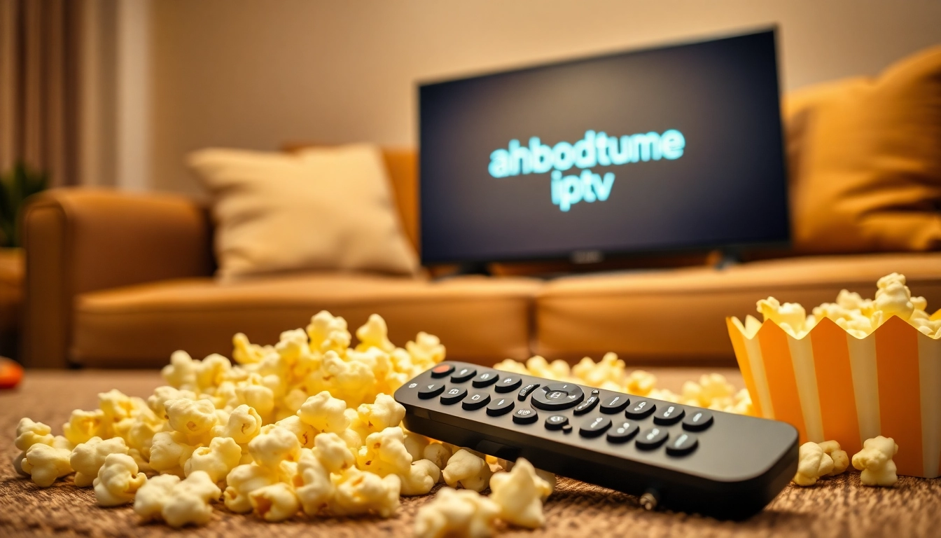 Enjoy abonnements iptv with a cozy streaming setup, featuring a remote and popcorn for an enhanced experience.