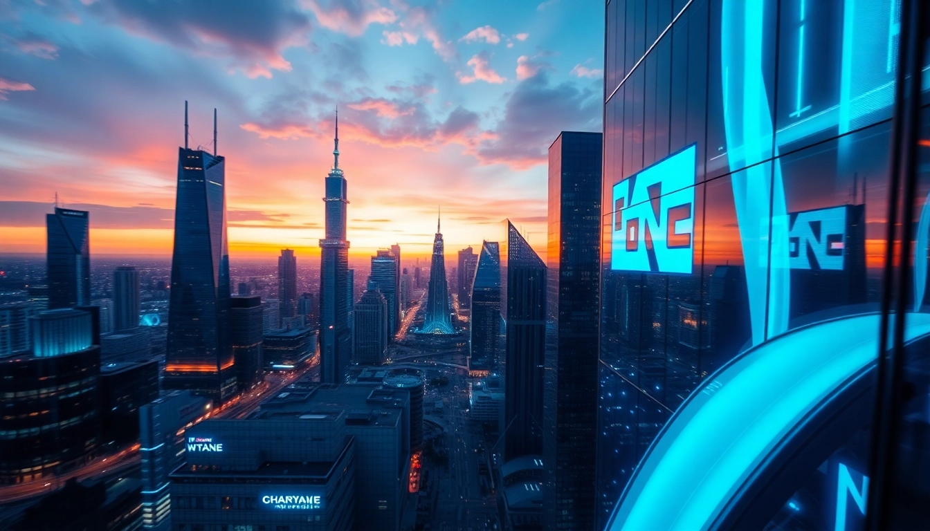 Tech-inspired futuristic city skyline featuring neon lights and innovative architecture.