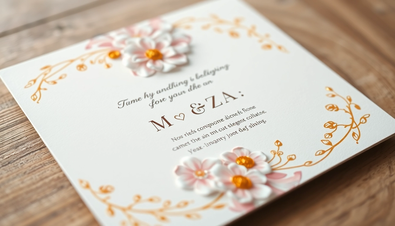 Create a stunning bryllups invitation adorned with floral designs and gold touches, inviting guests to the celebration.