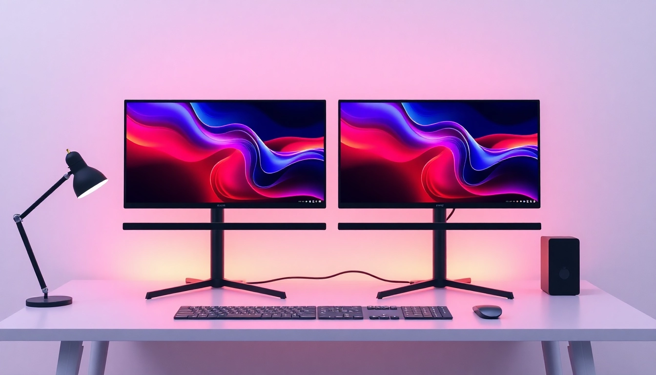 Set up a dual monitor install on an elegant desk with ambient lighting and modern design.