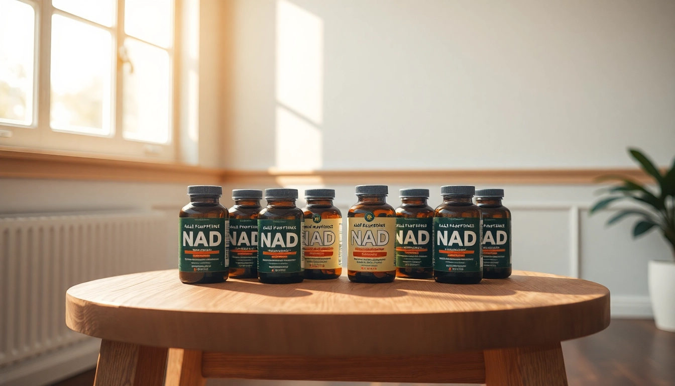 Showcase of NAD Supplement bottles on a wooden table surrounded by natural light.