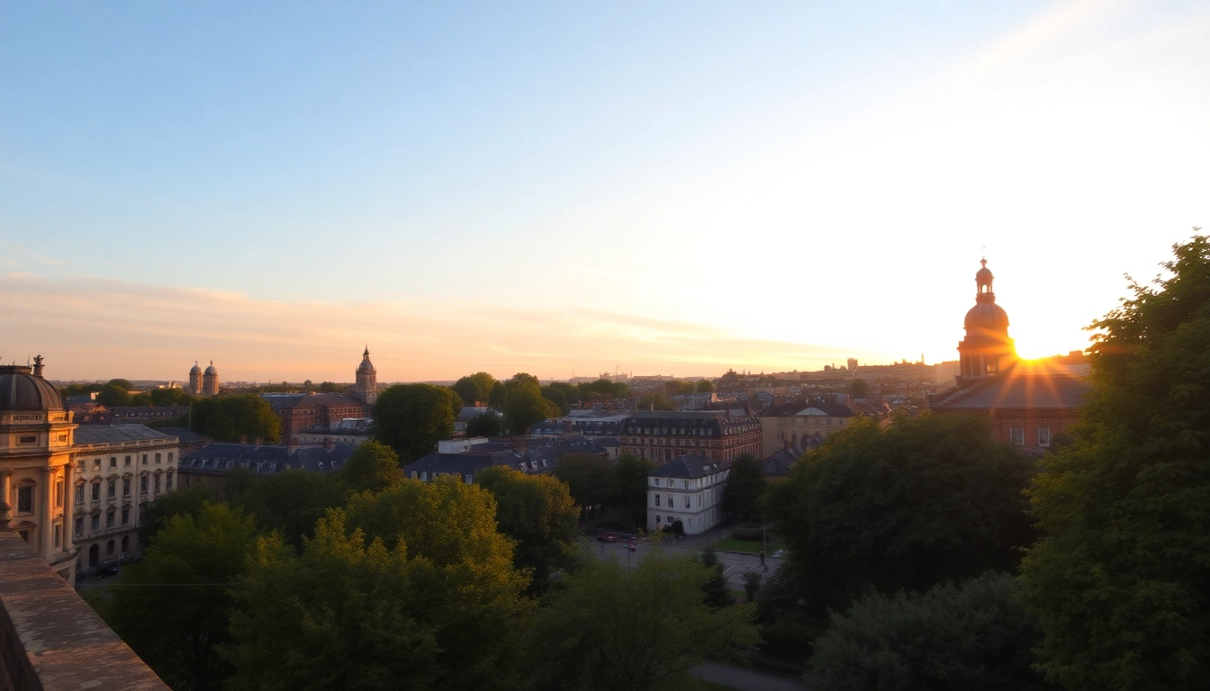 Enjoying the picturesque Bloomsbury skyline during a sunset with historic buildings and greenery.