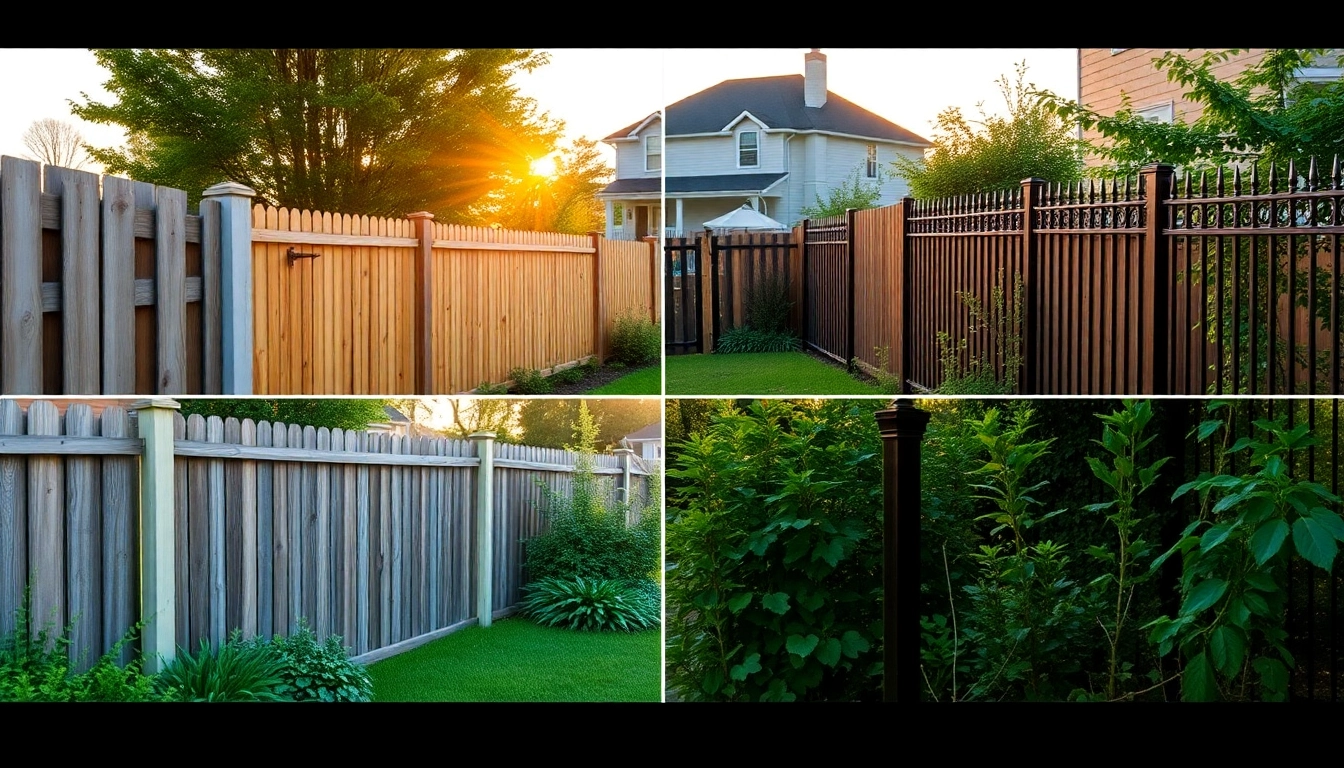 View various fencing styles offered by fencing companies Manchester, showcasing wooden and metal designs in a garden setting.