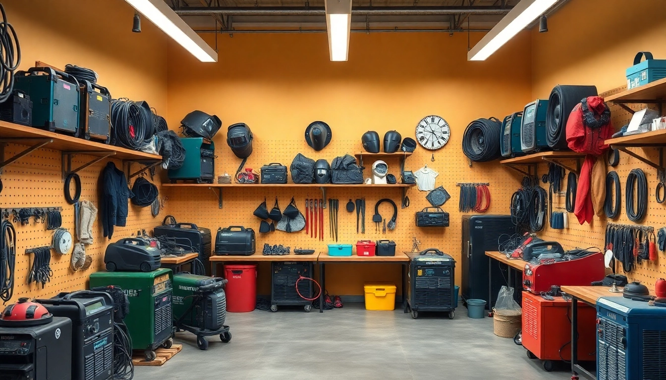 Shop for quality welding supplies including helmets and machines in a bright, organized workspace.