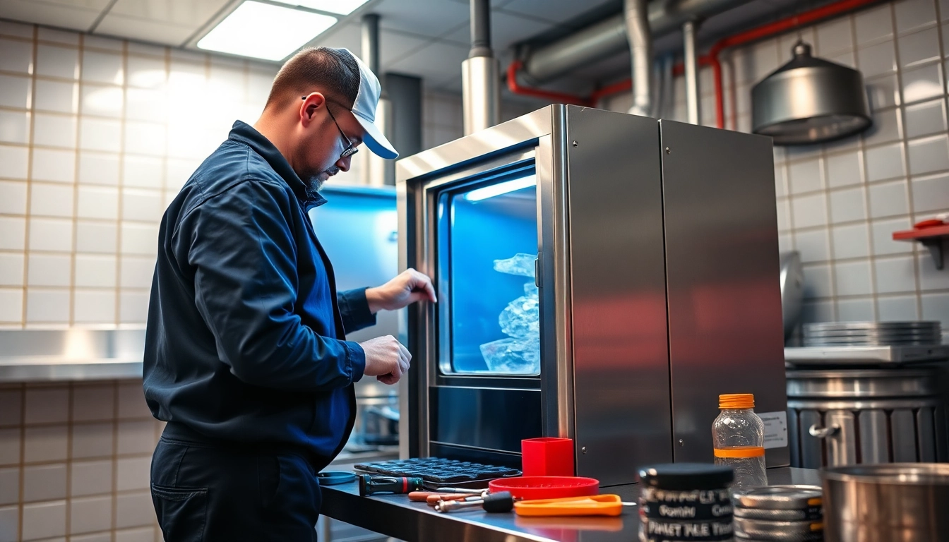 Performing ice machine repair in a commercial kitchen with precision and care.