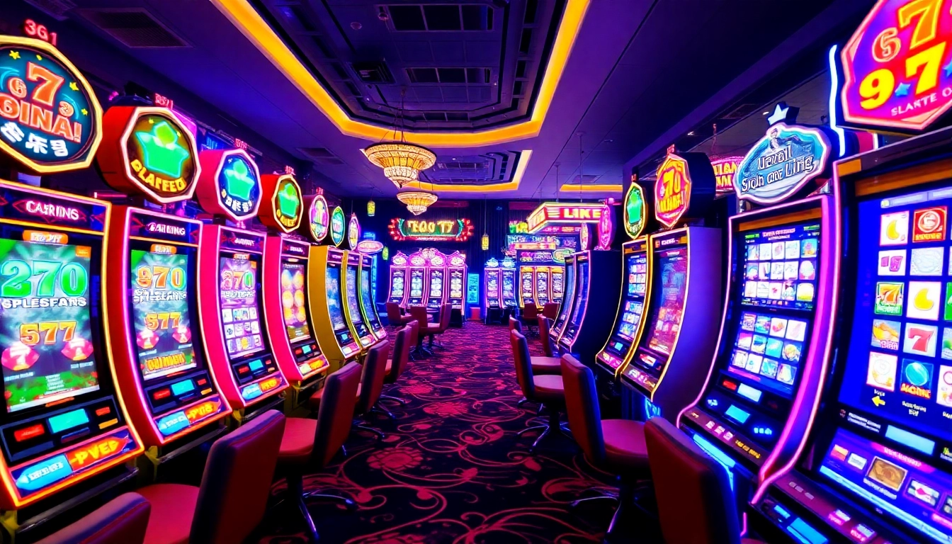 Experience the thrill of สล็อต777 with vibrant slot machines and neon-lit excitement in an online casino setting.