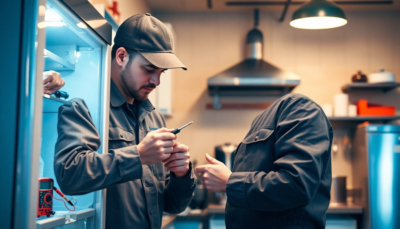 Technician performing ice machine repair using tools in a well-lit kitchen setting.