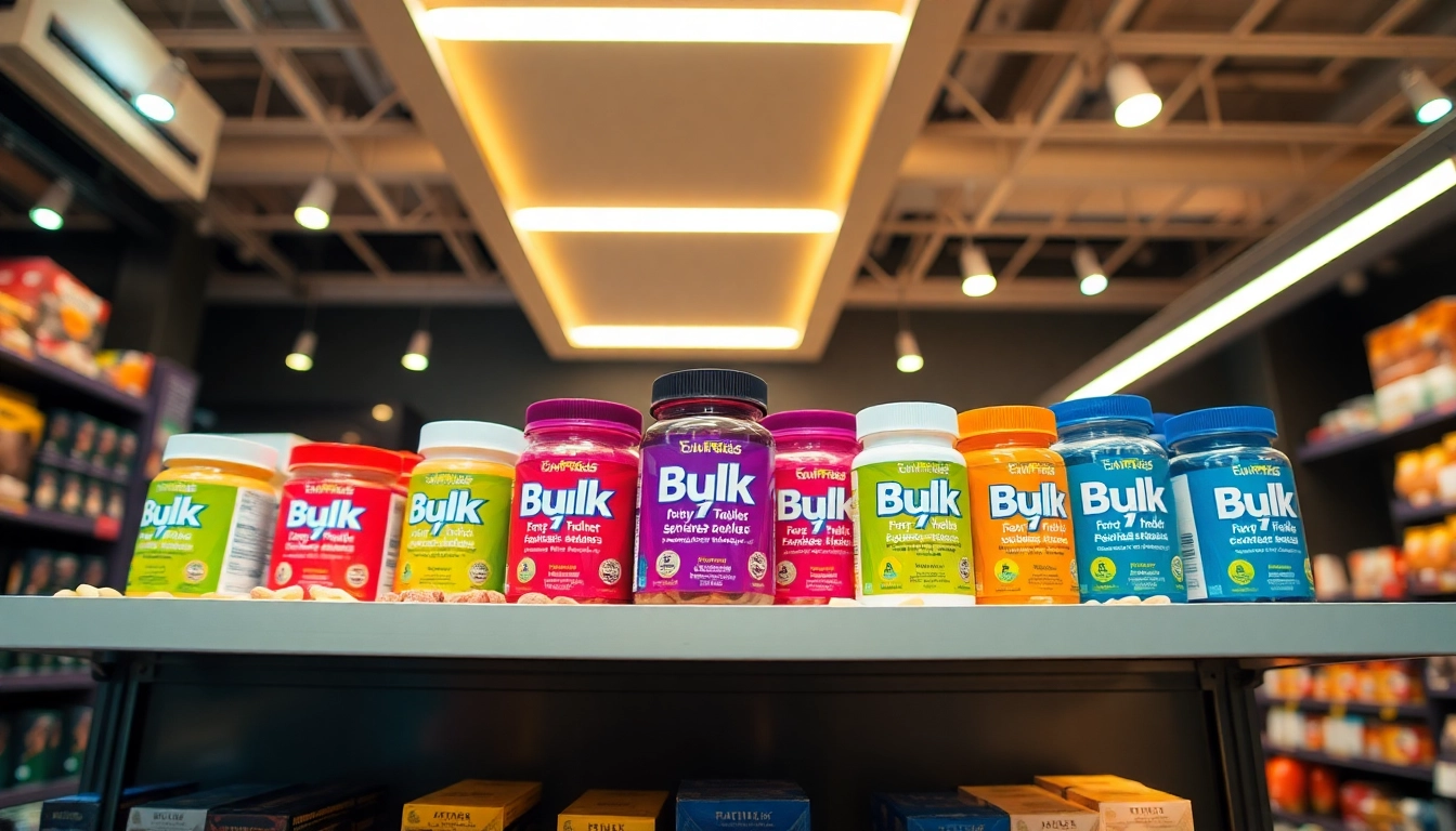 Showcasing Bulk 7OH product range with vibrant packaging, highlighting quality and variety.