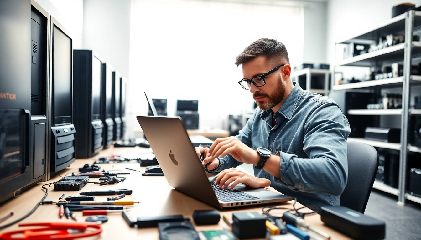 Riparazione pc Torino: tecnico esperto che ripara un laptop in un laboratorio moderno.