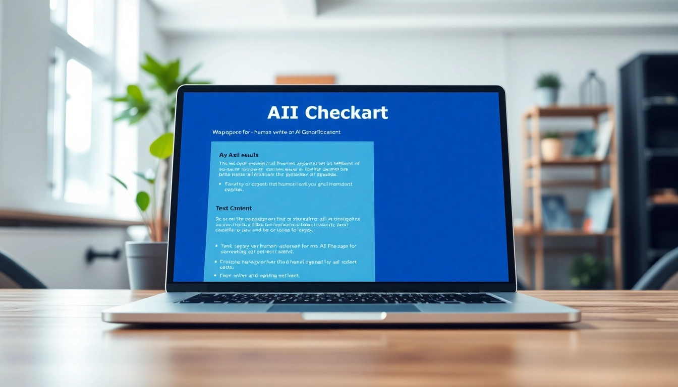Analyze text for authenticity with the AI checker tool on a sleek laptop workspace.