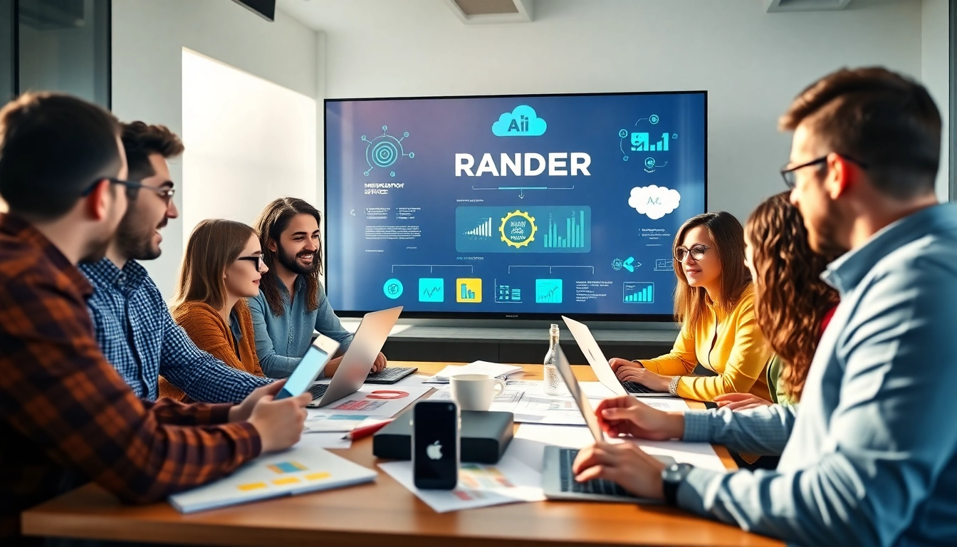Engaging team collaborating on AI-powered branding services in a vibrant office setting.