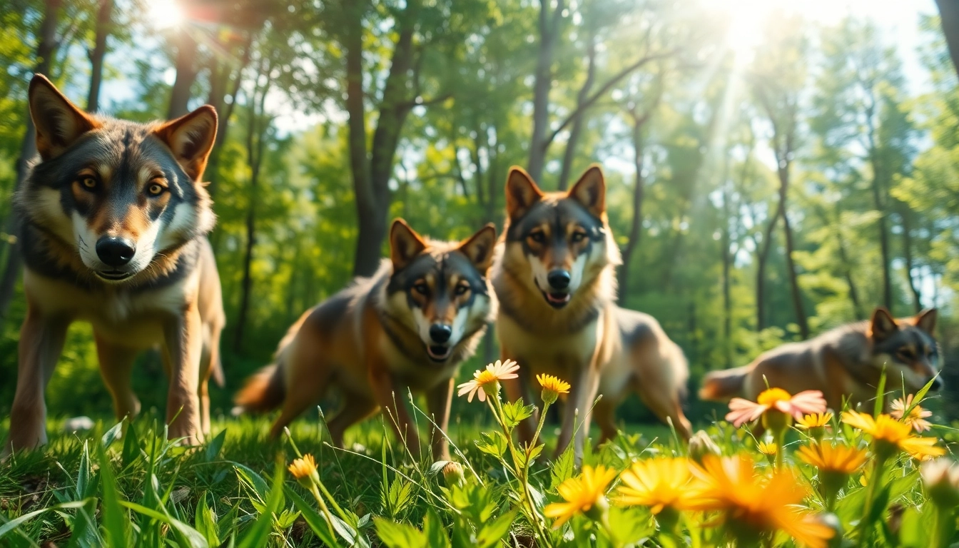 Wolves playing in vibrant forests, highlighting nature and adventure at www.sudswild.com.