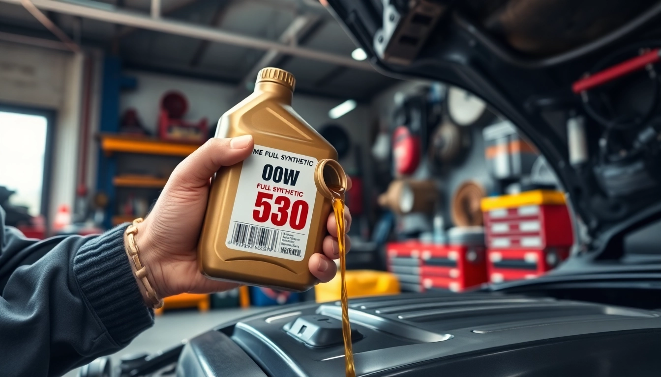 Pouring full synthetic 5w30 oil into an engine in a professional auto repair setting.