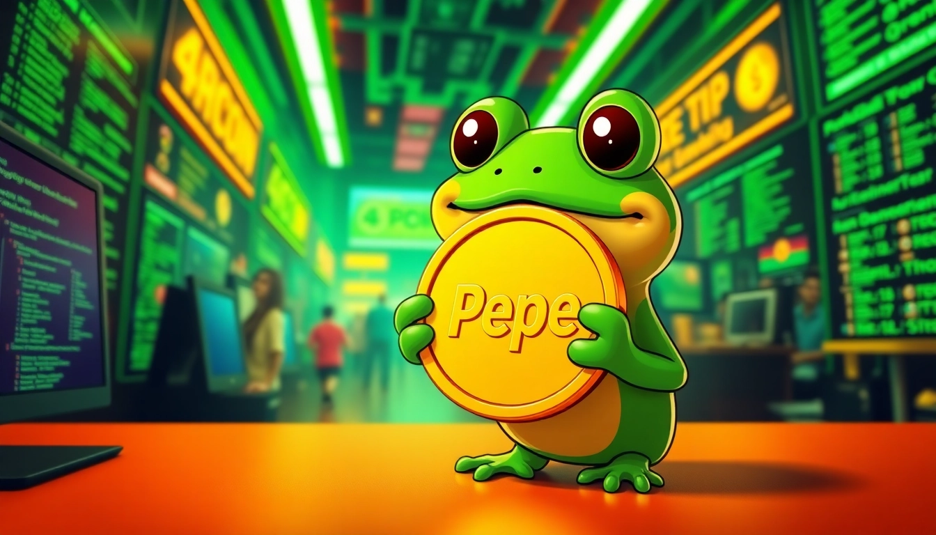 Showcasing Pepe Coin 4chan, a whimsical depiction featuring Pepe the Frog holding a gold coin.