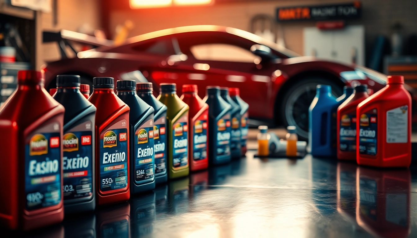 Explore racing engine oils in an illuminated workshop, showcasing vibrant bottles against a sports car backdrop.