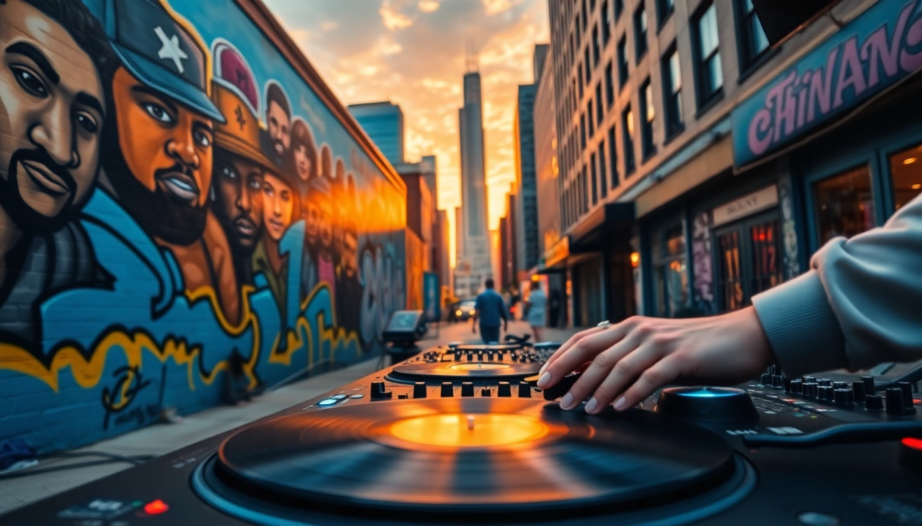 Experience Hip-hop mixtapes Chicago with vibrant street art and DJ culture in an urban setting.