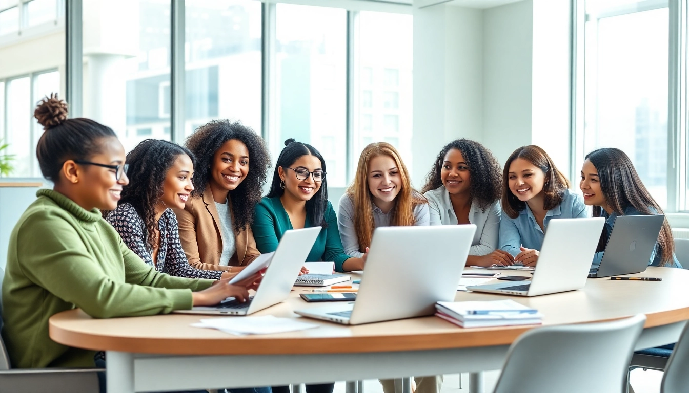 Engaged students pursuing online university degrees from UK in a modern classroom.