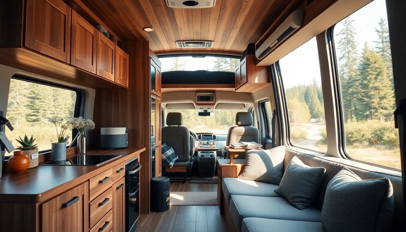 Showcasing a perfectly designed camper van interior emphasizing space and comfort features.