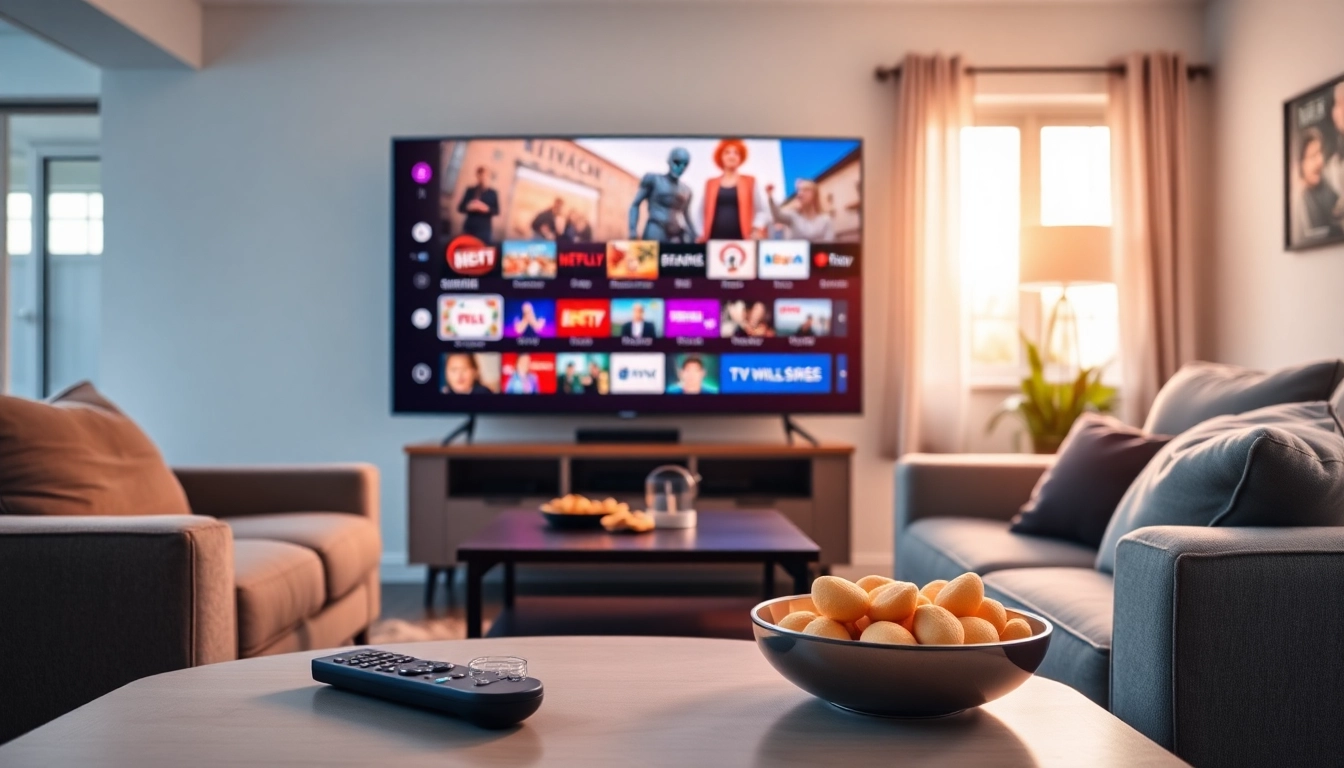 Showcase seamless IPTV Subscription USA experience in a cozy living room setting with vibrant visuals.