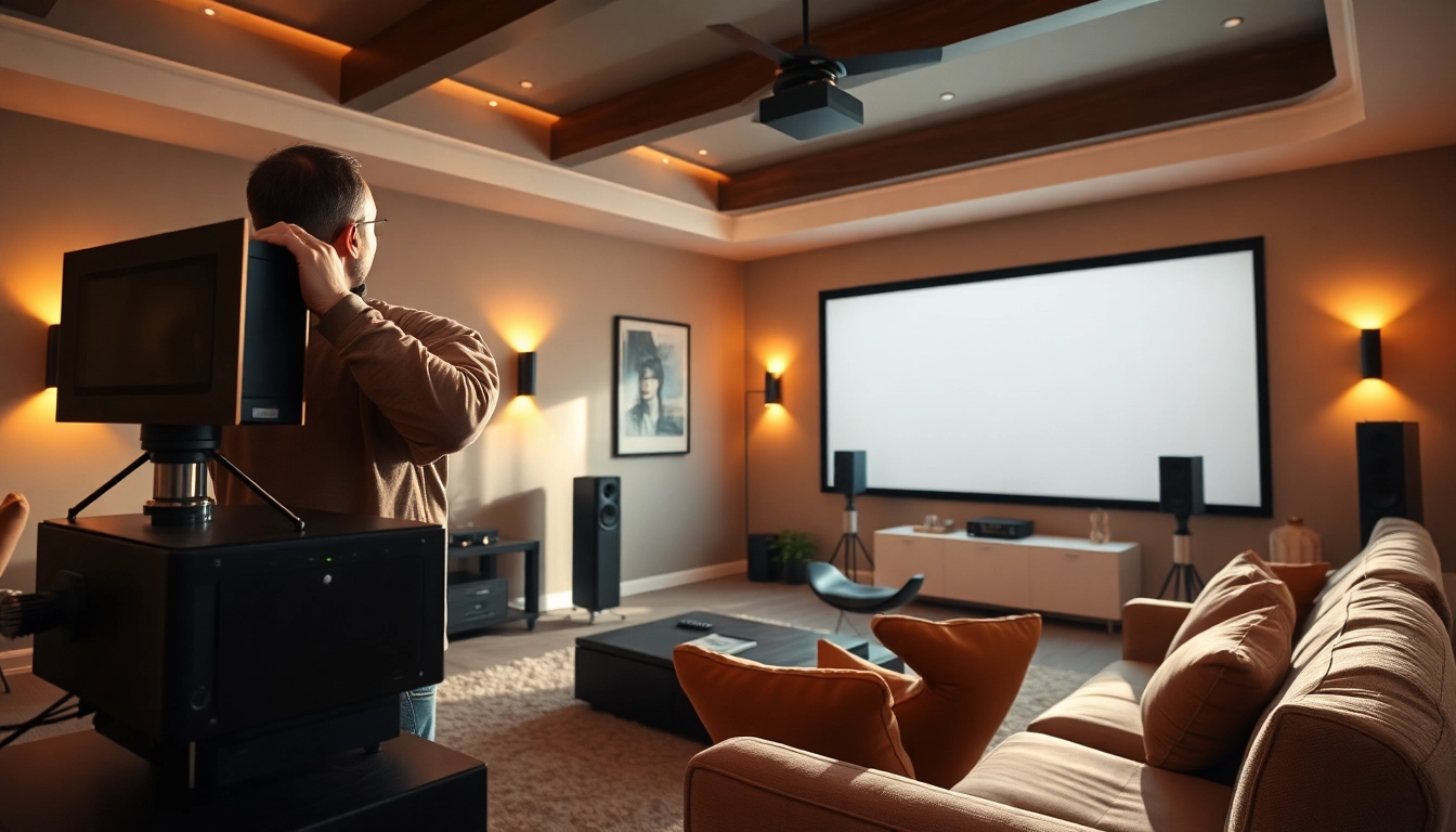 Showcase a professional home theater installation near me with an expert adjusting audio equipment in a stylish living room.