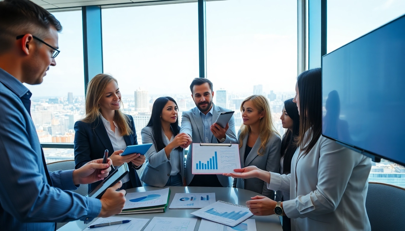 Engaged professionals conducting a competitor pricing analysis in a modern office setting.
