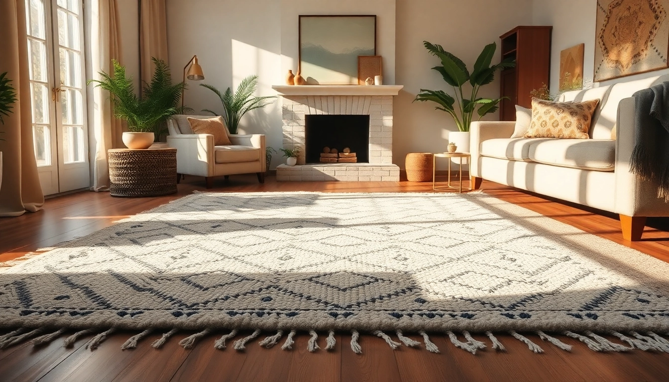 Admiring Beni Ourain rugs beautifully arranged in a warm, inviting living room.