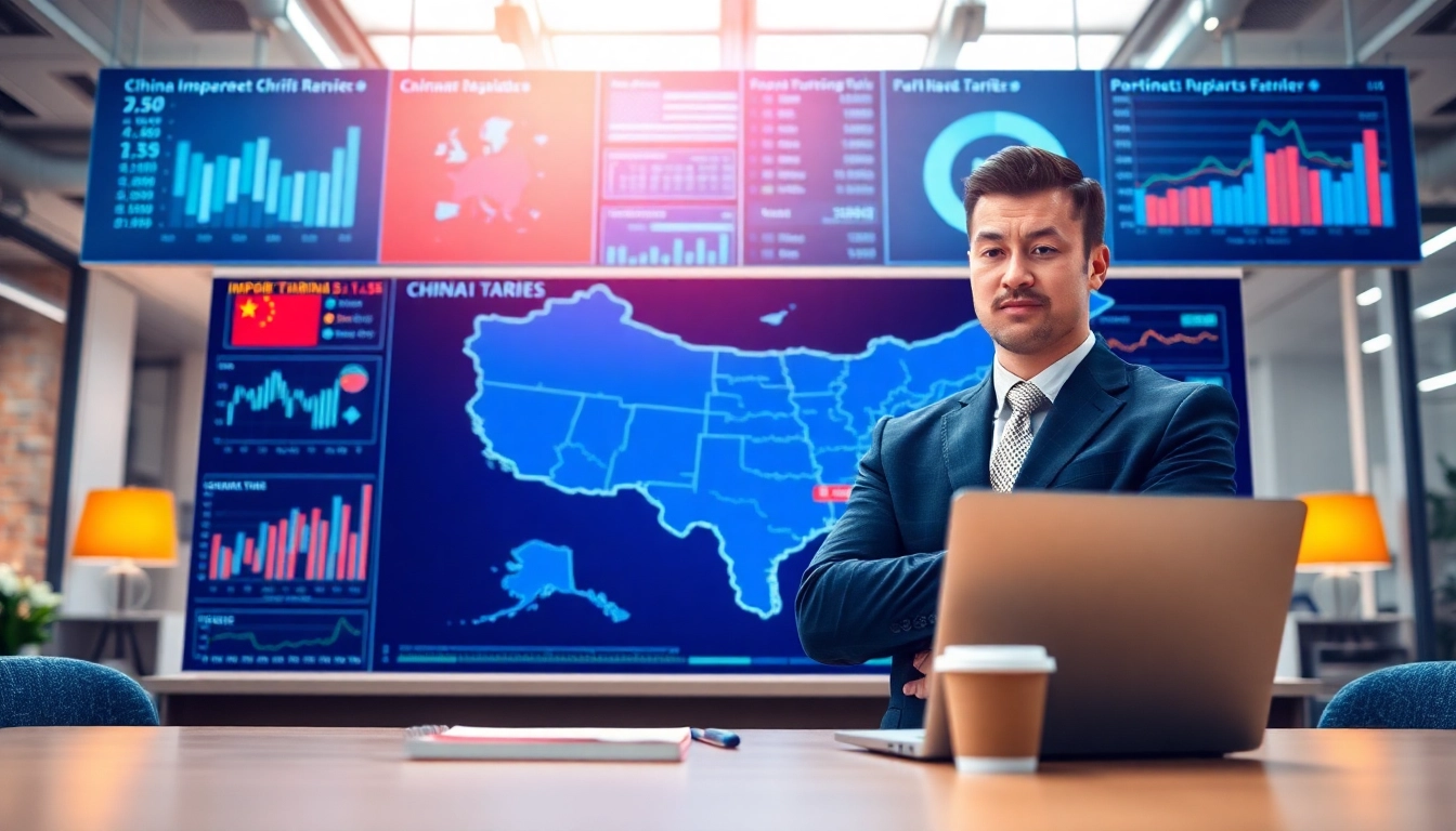 Economist analyzing import tariffs china in a modern office with trade charts and data.