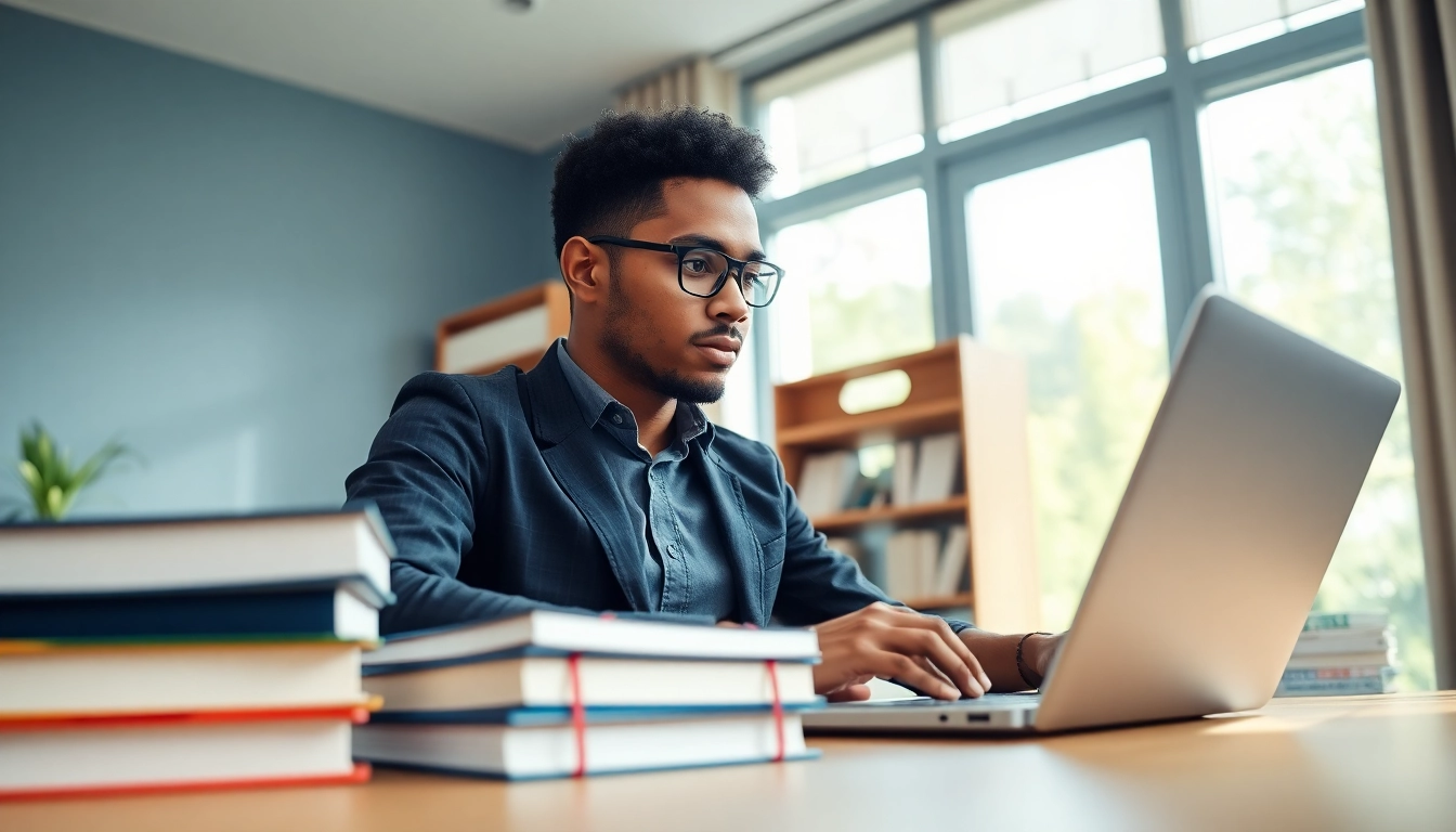 Buy distance learning masters degree with a focused learner engaging in an online class from a modern home office.