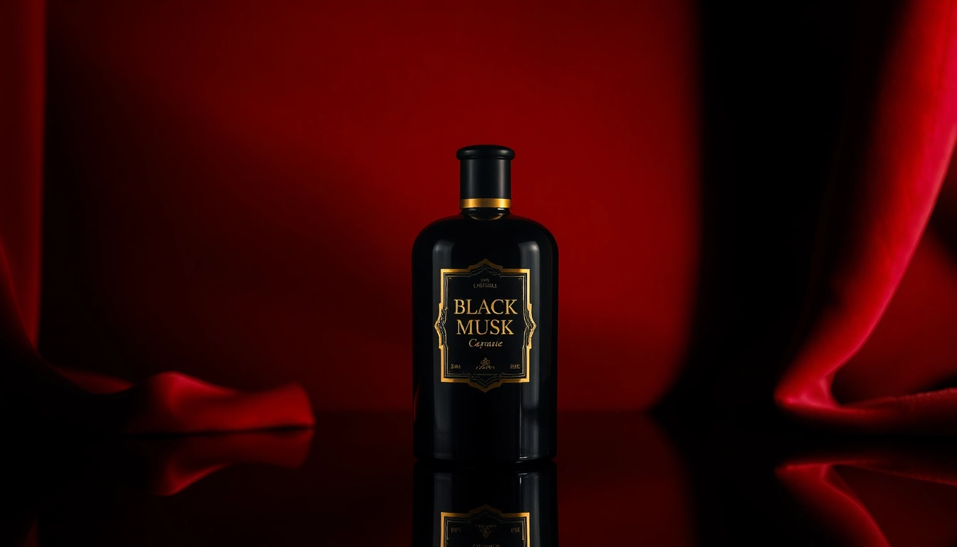 Vaporiser de Black musk glamour avec une touche de luxe sur fond en velours.