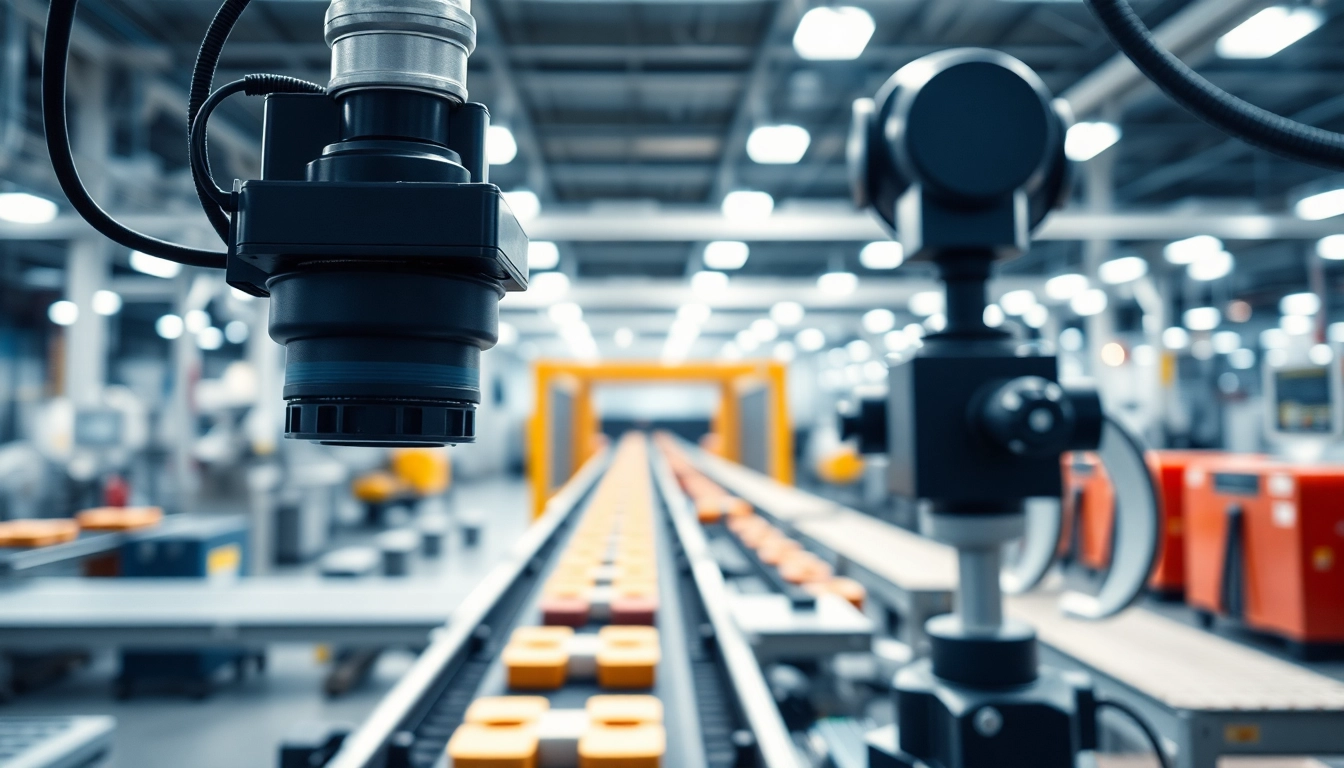 Machine vision system inspecting products with advanced cameras and sensors in an industrial environment.