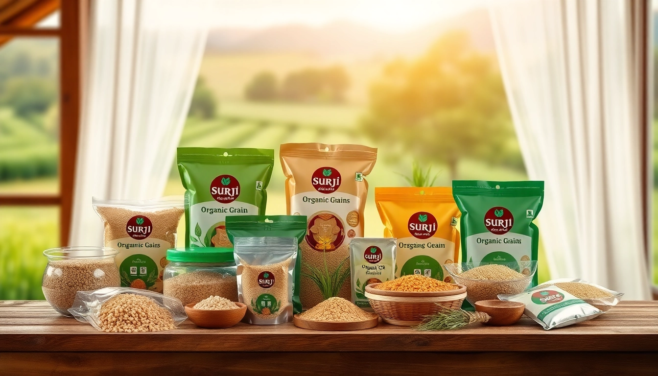 Showcasing Surji Agro Foods Pvt Ltd organic grains and products on a beautiful wooden table.