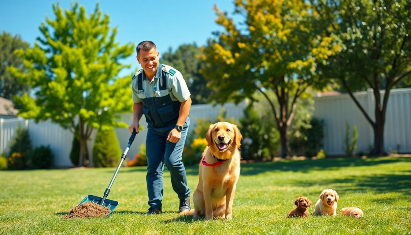 Dog poop cleanup service with a technician collecting waste in a lush yard, promoting cleanliness.