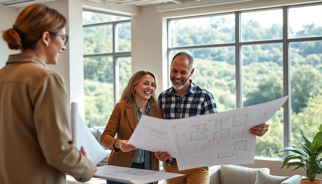 Connecticut home builders engaging with clients over custom home blueprints in a modern workspace.