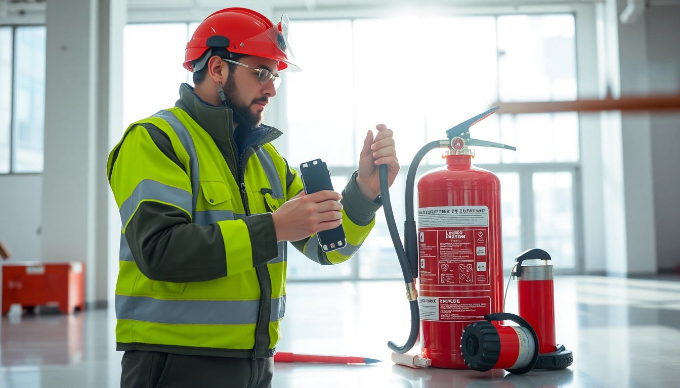 Efficient fire extinguisher servicing Birmingham demonstrated by a professional technician inspecting equipment.