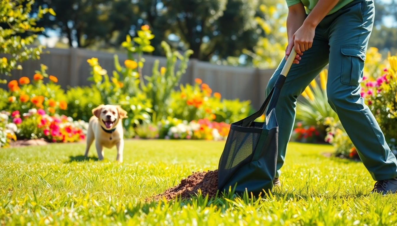 Dog clean up service professional collecting waste in a sunny backyard with a playful dog.