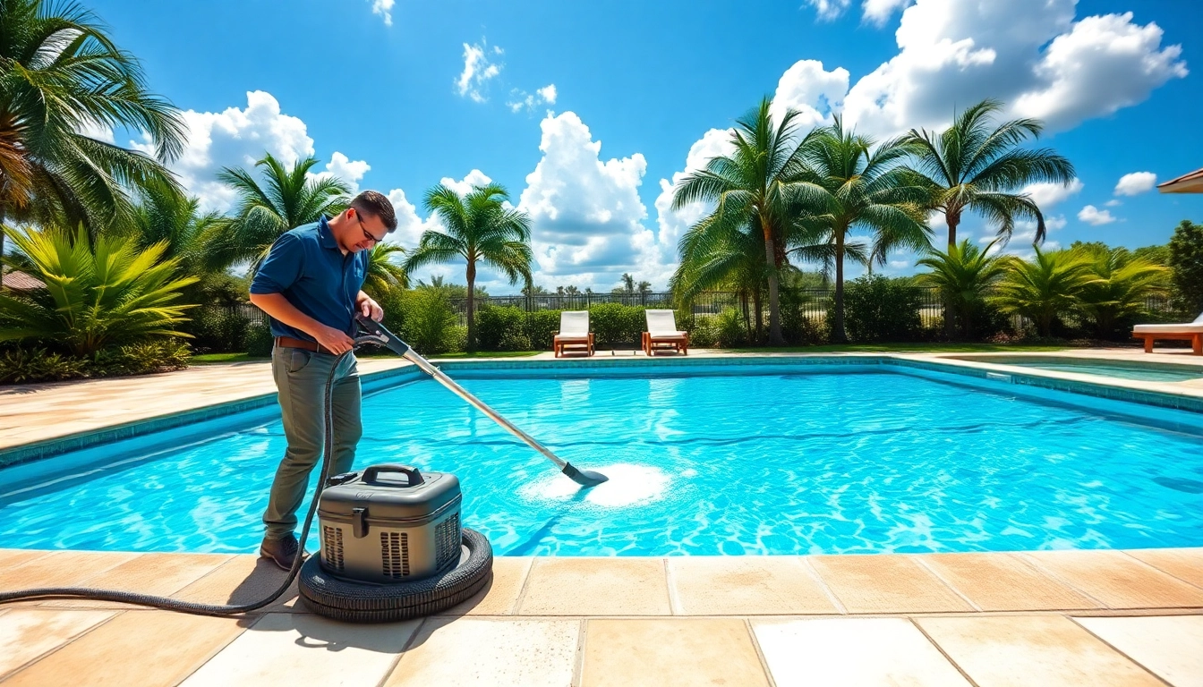 Expert swimming pool service Pinellas County technician maintaining a sparkling clear pool in a tropical backyard setting.
