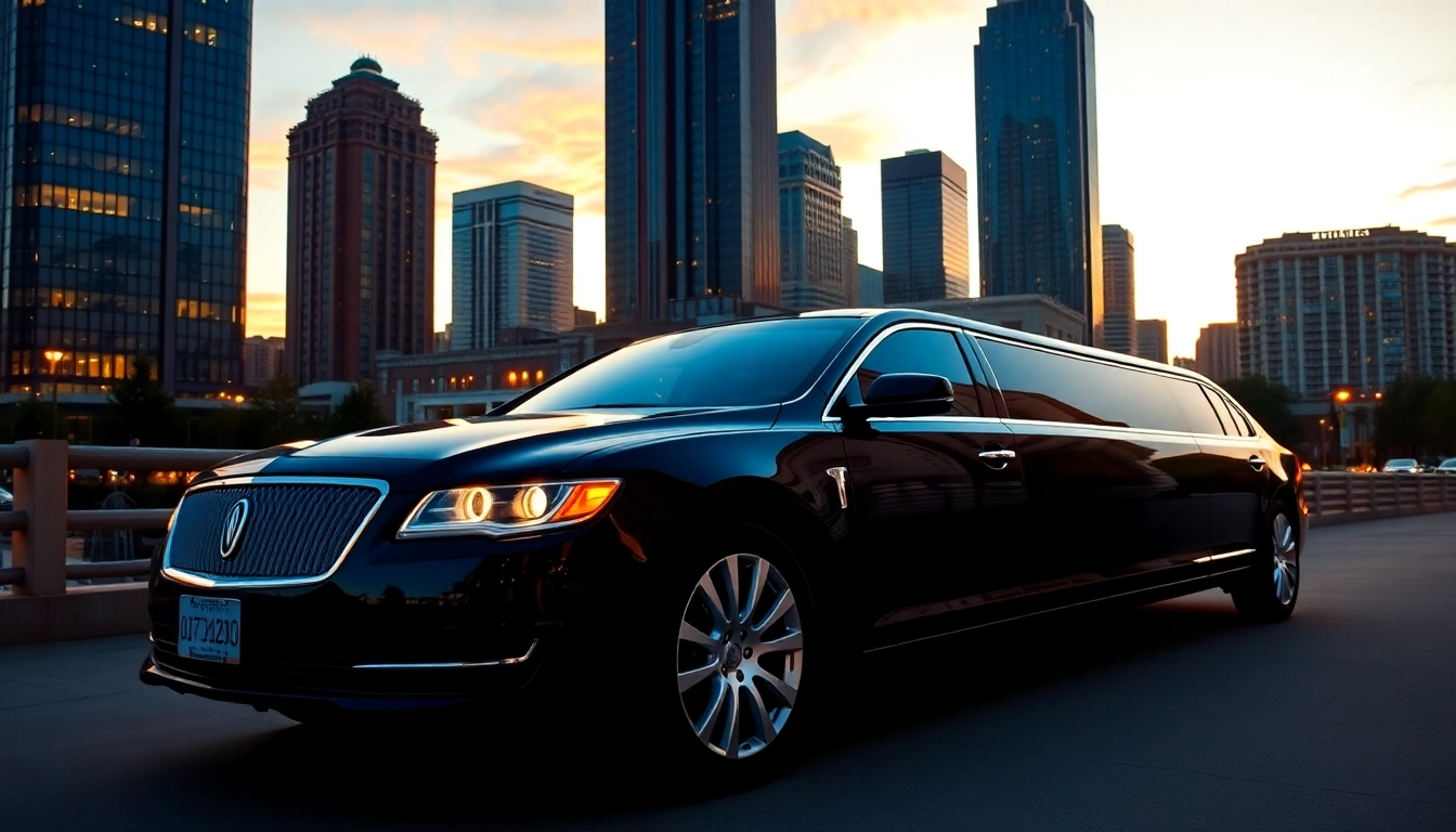 Experience premium car service Atlanta with a sleek limousine against a stunning city backdrop.