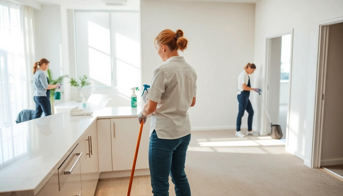 Effortless bond cleaning Logan service, showcasing professional cleaners in action, creating a spotless apartment.