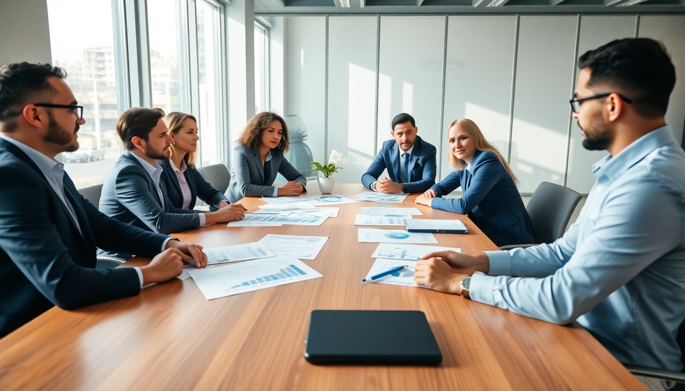 Illustration of professionals discussing merchant cash advance solutions in a modern office.