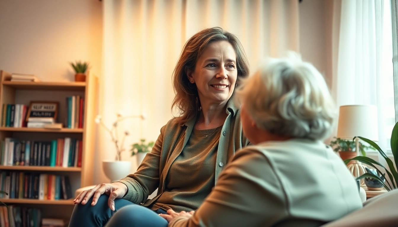 Therapist facilitating a healing trauma conversation in a soothing, supportive environment.