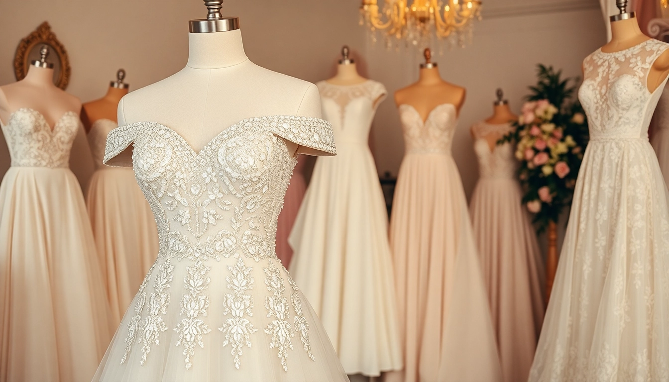 View beaded wedding dresses showcasing intricate details and elegance in a bridal boutique.