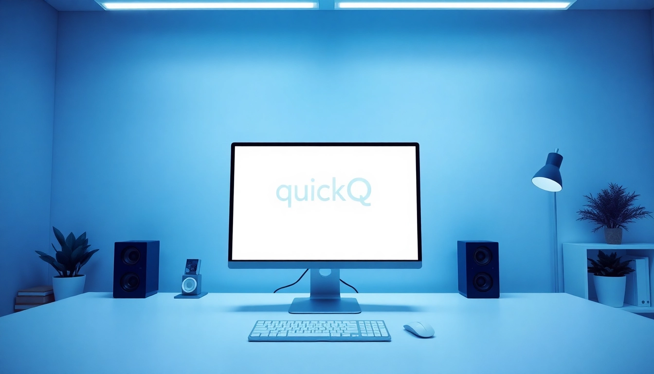 Showcasing quickq官网 on a laptop in a modern, professional workspace with vibrant lighting.