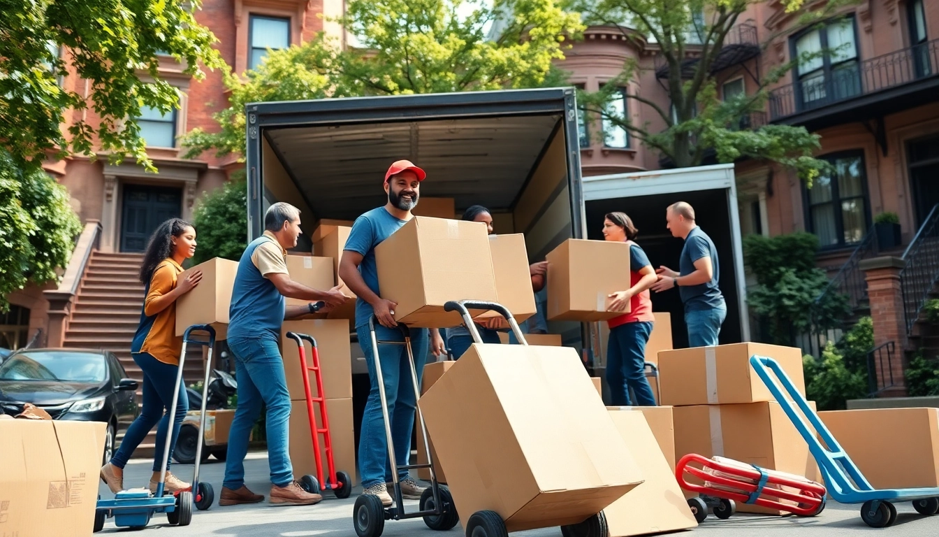 Bronx movers loading boxes onto a truck with teamwork in a vibrant urban setting.