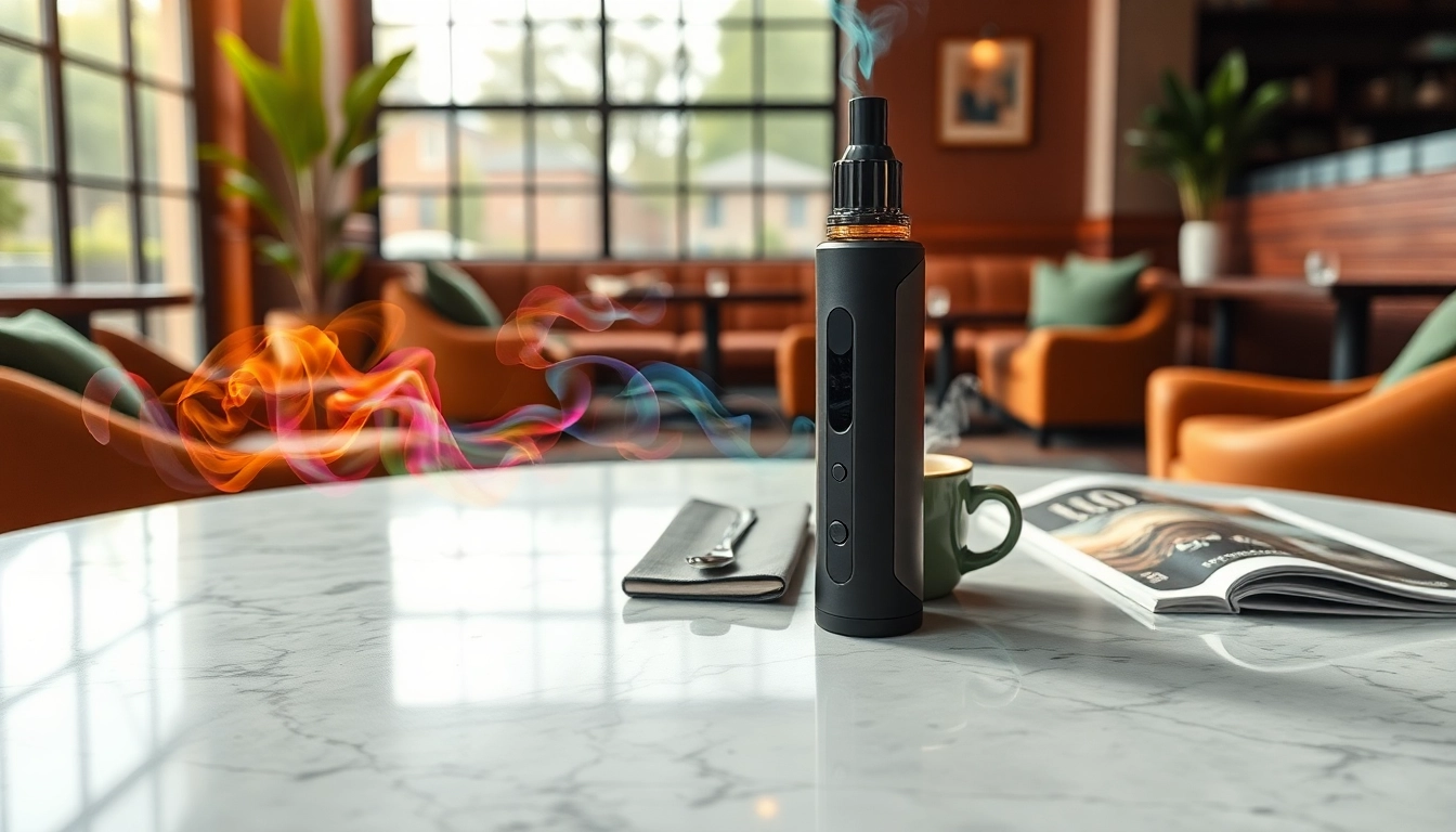 Caffeine vape device on a table in a cozy café, surrounded by coffee and inviting atmosphere.