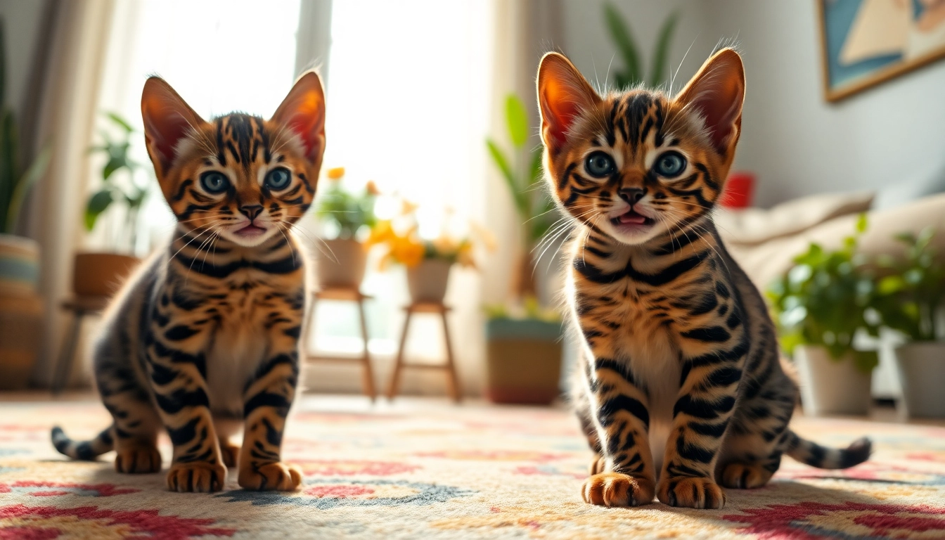 Playful Bengal kittens for sale in a warm home setting, showcasing their vibrant personalities.