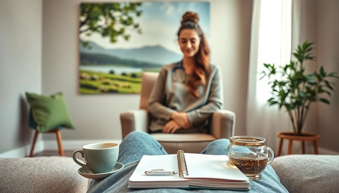 Therapist aiding in healing trauma in a calming therapy room with natural lighting.