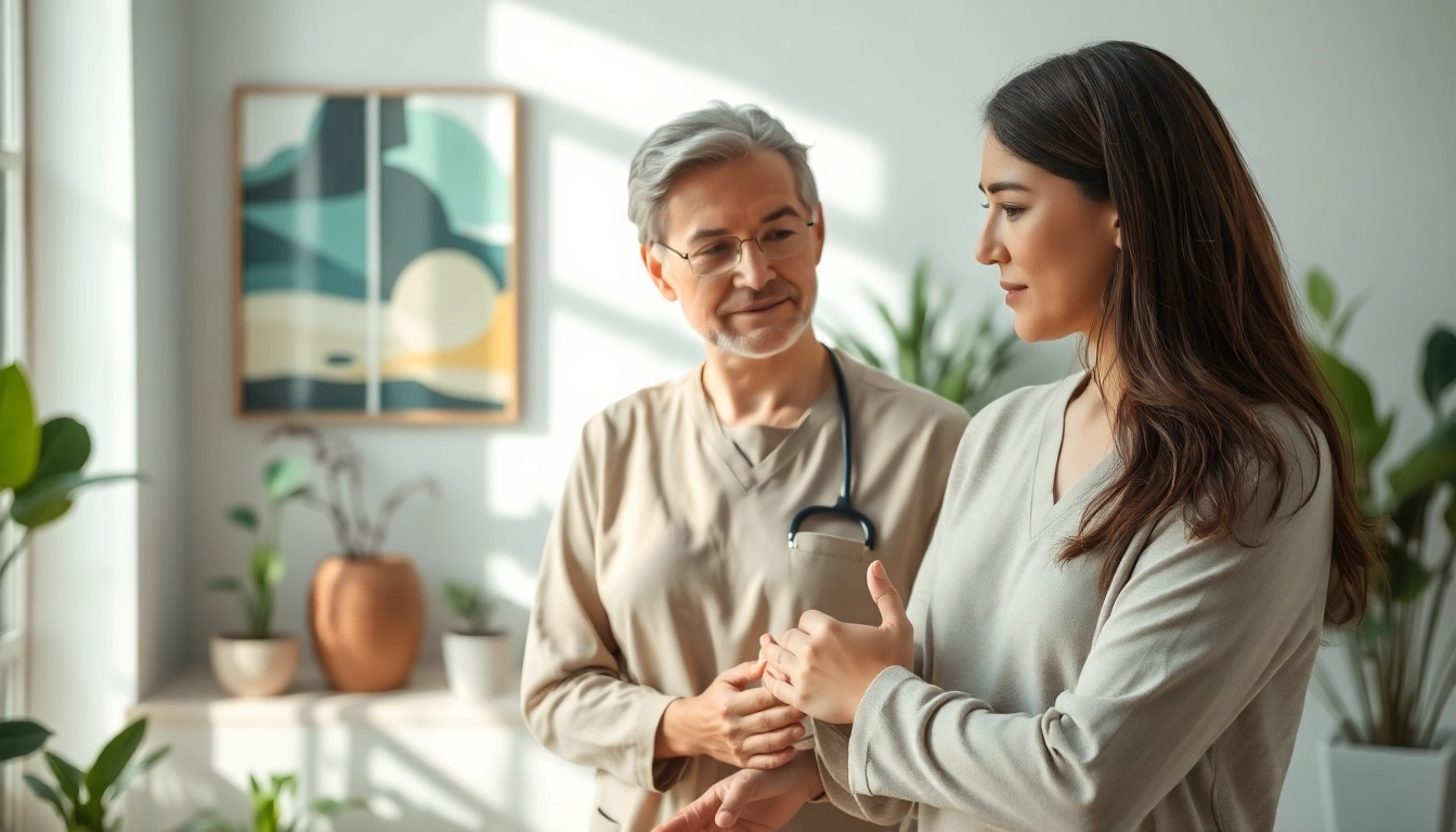 Illustration of healing trauma with a therapist supporting a client in a calm setting, reflecting empathy.
